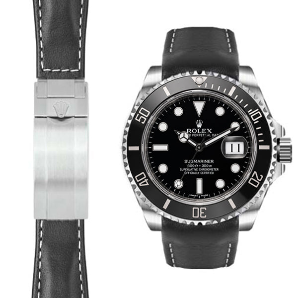 Curved End Leather Strap for Rolex Submariner Ceramic Deployant