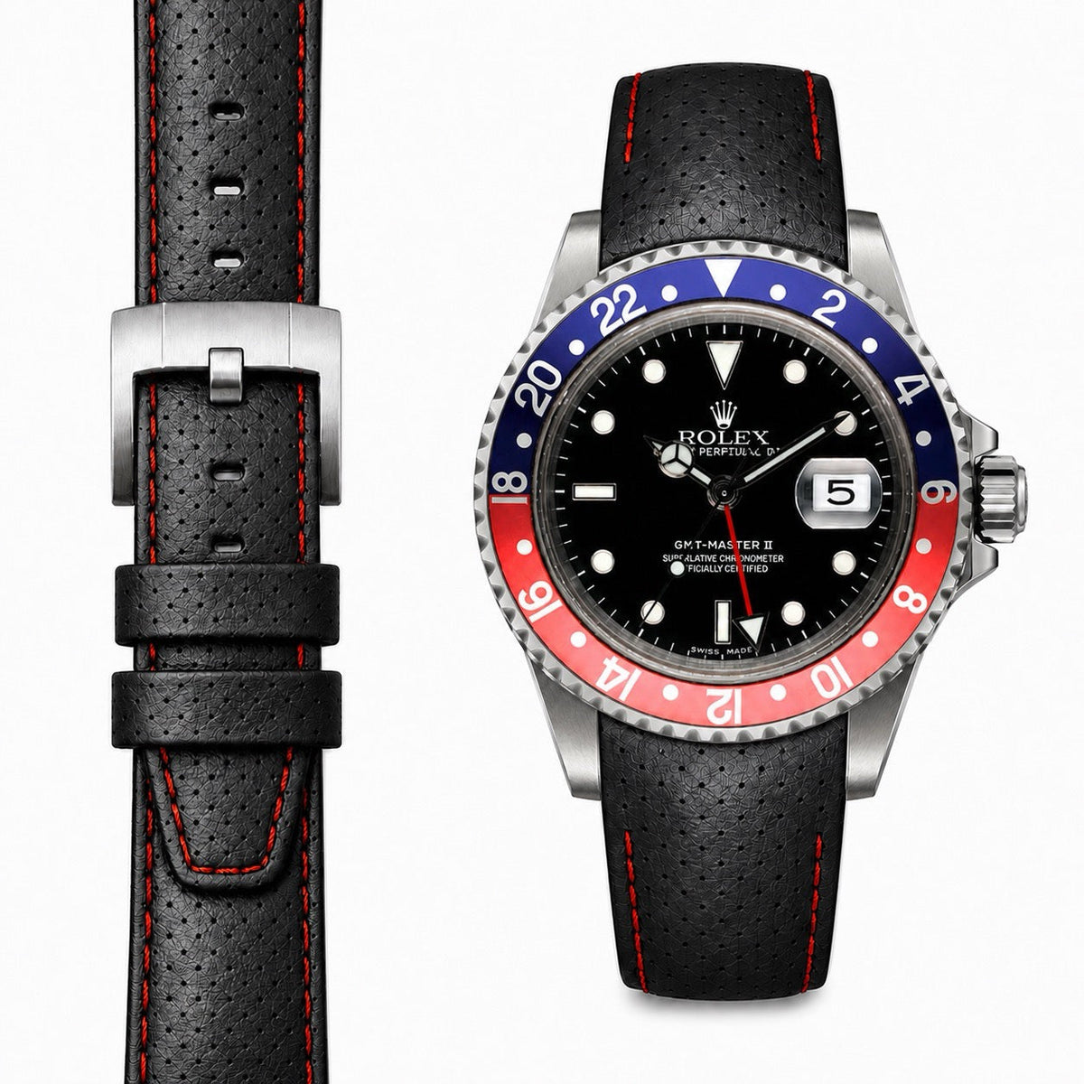 Curved End Racing Leather Strap for Rolex GMT Master I & II with Tang Buckle