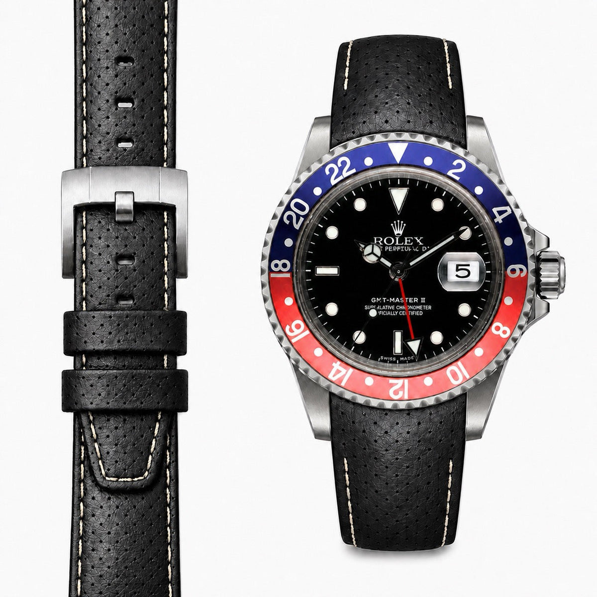Curved End Racing Leather Strap for Rolex GMT Master I & II with Tang Buckle