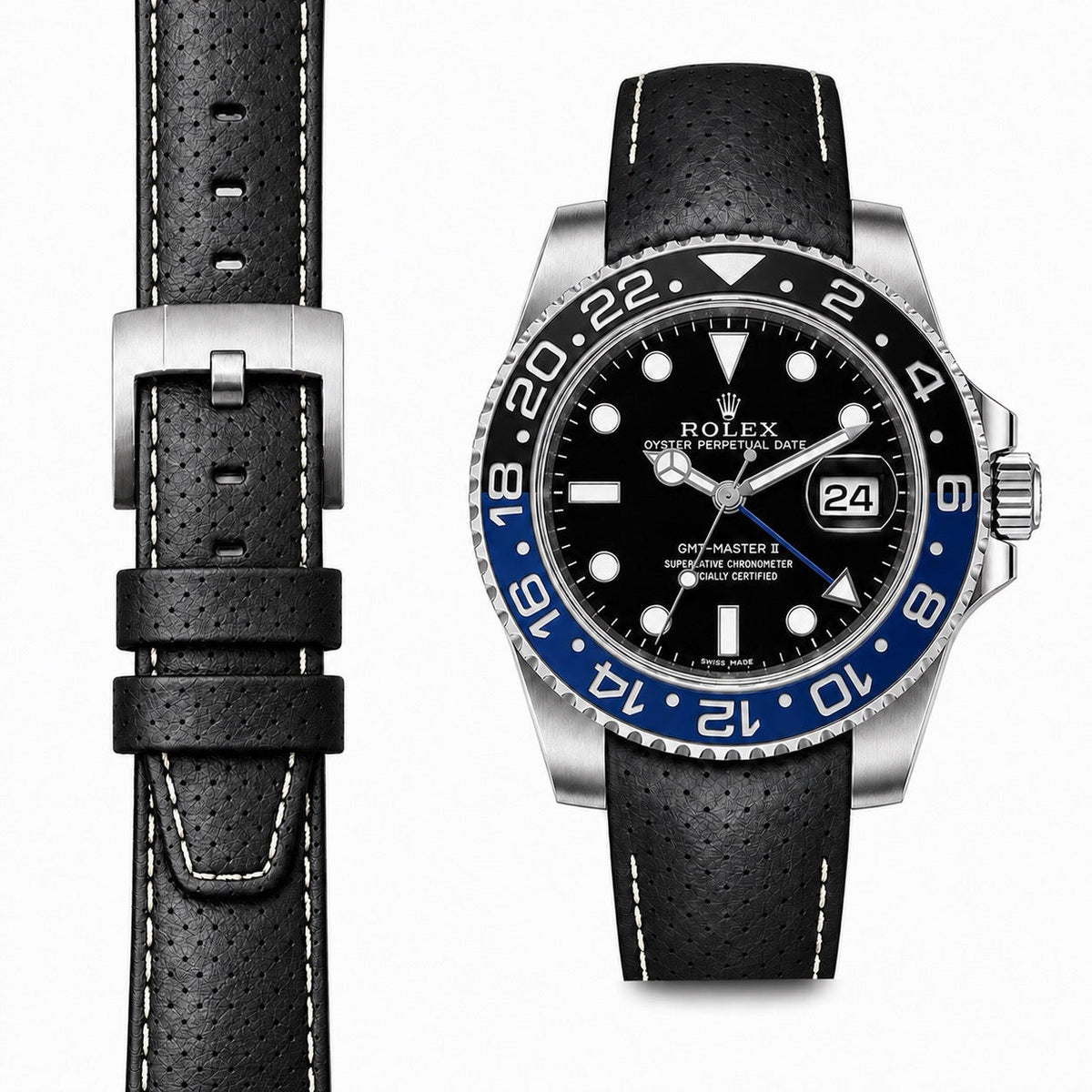 Curved End Racing Leather Strap for Rolex GMT Master II Ceramic with Tang Buckle
