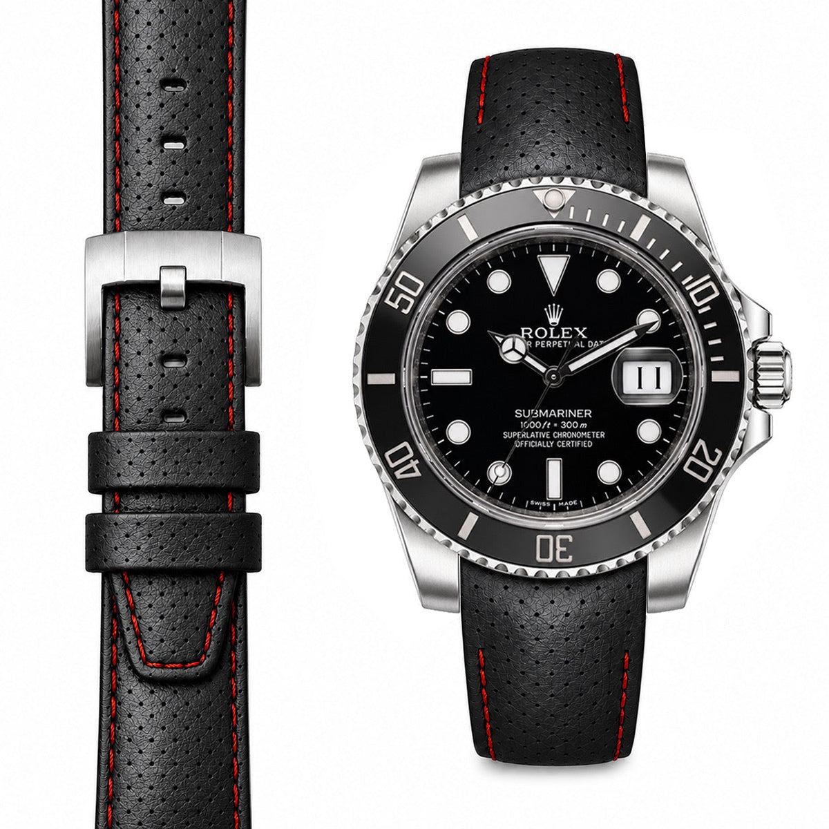Curved End Racing Leather Strap for Rolex Submariner Ceramic with Tang Buckle