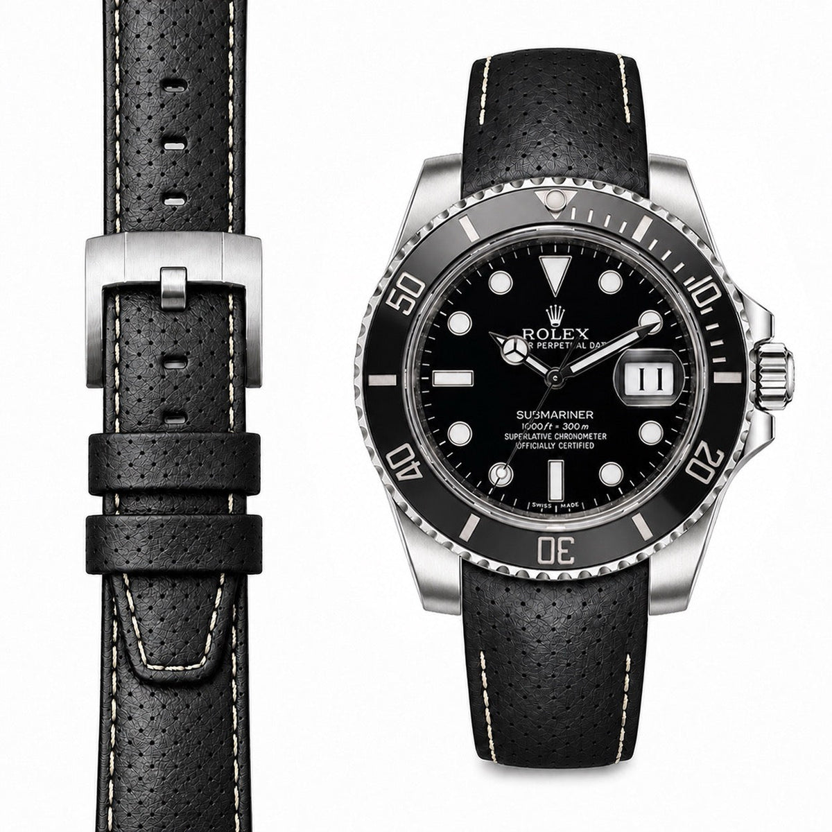 Curved End Racing Leather Strap for Rolex Submariner Ceramic with Tang Buckle