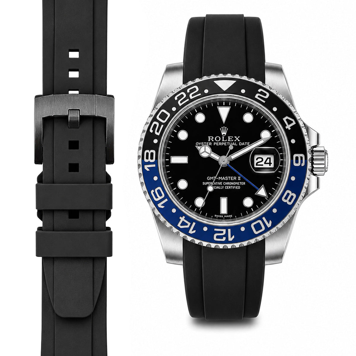 Curved End Rubber Strap for Rolex GMT Master II Ceramic with Tang Buckle