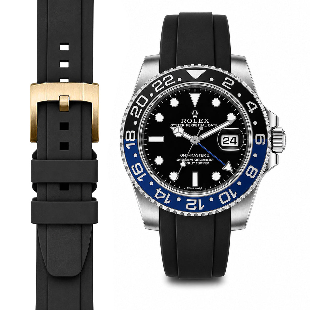 Curved End Rubber Strap for Rolex GMT Master II Ceramic with Tang Buckle