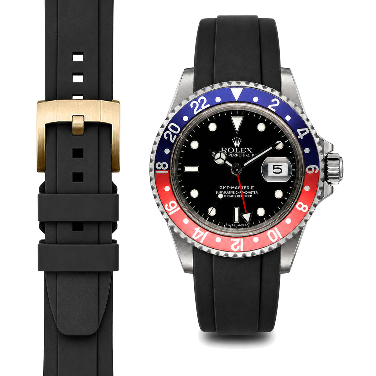 Curved End Rubber Strap for Rolex GMT Master I & II Tang Buckle