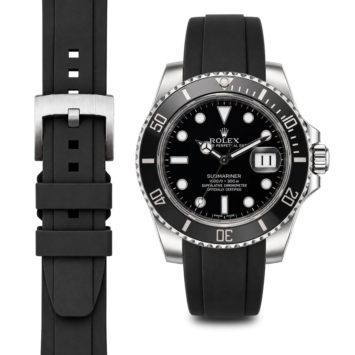 Curved End Rubber Strap for Rolex Submariner Ceramic with Tang Buckle