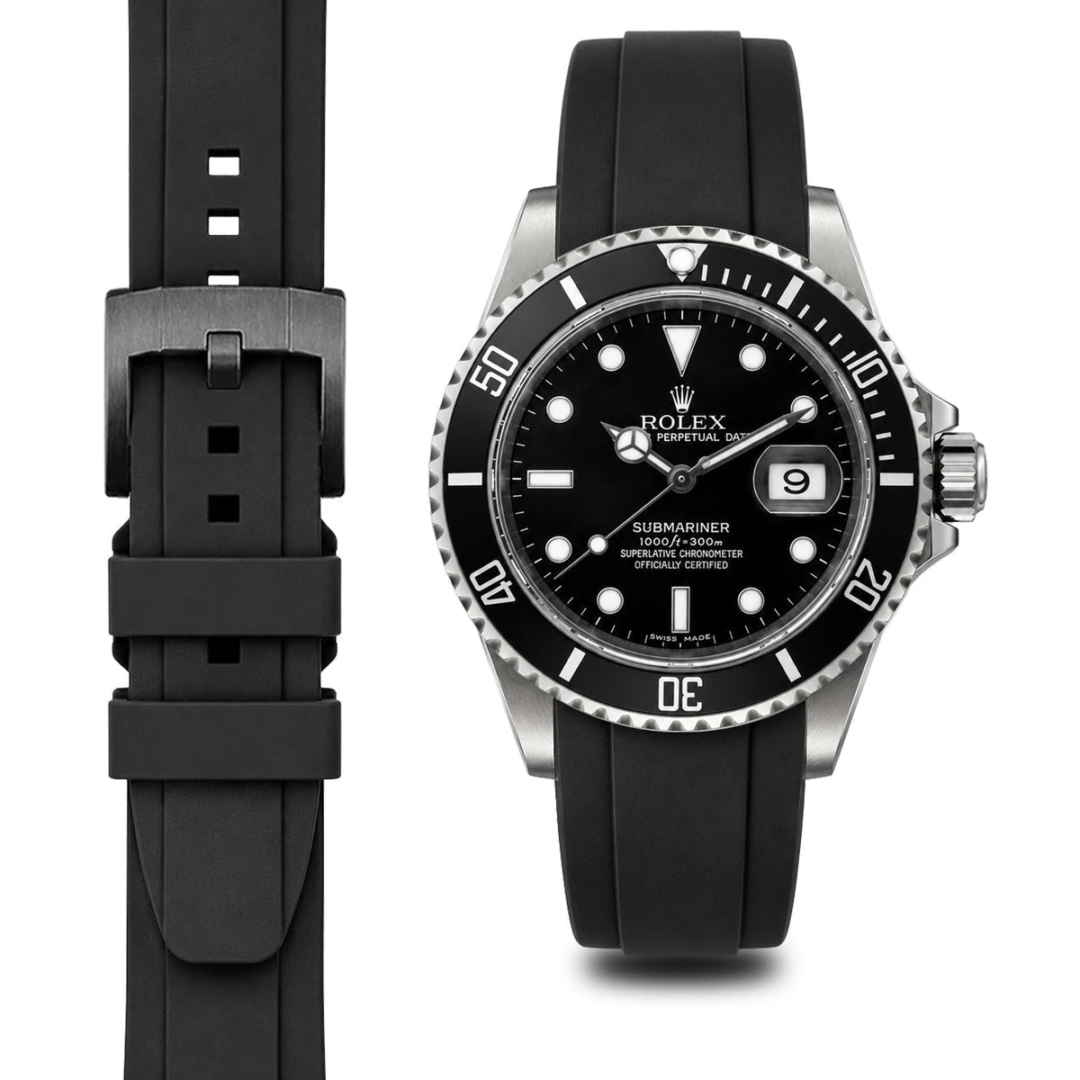 Curved End Rubber Strap for Rolex Submariner with Tang Buckle