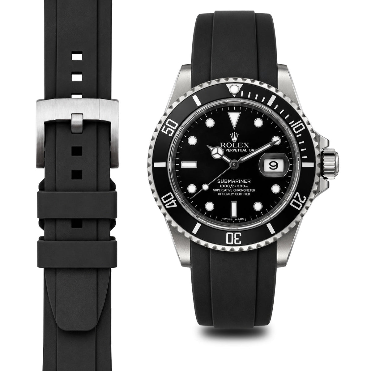 Curved End Rubber Strap for Rolex Submariner with Tang Buckle