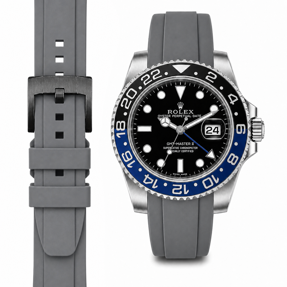 Curved End Rubber Strap for Rolex GMT Master II Ceramic with Tang Buckle