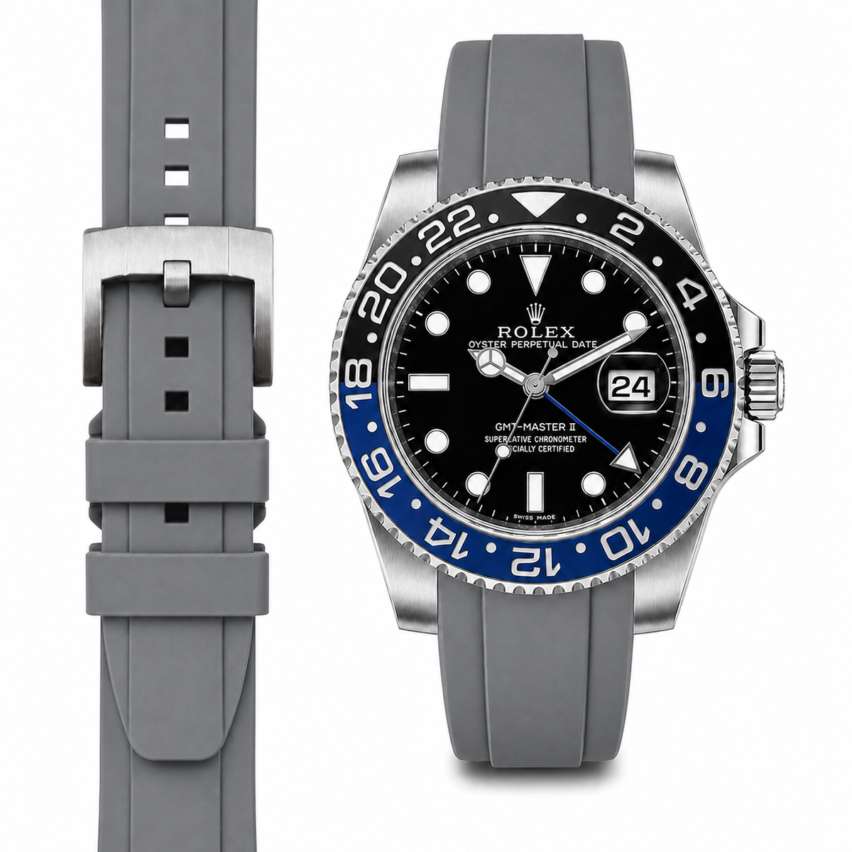 Curved End Rubber Strap for Rolex GMT Master II Ceramic with Tang Buckle