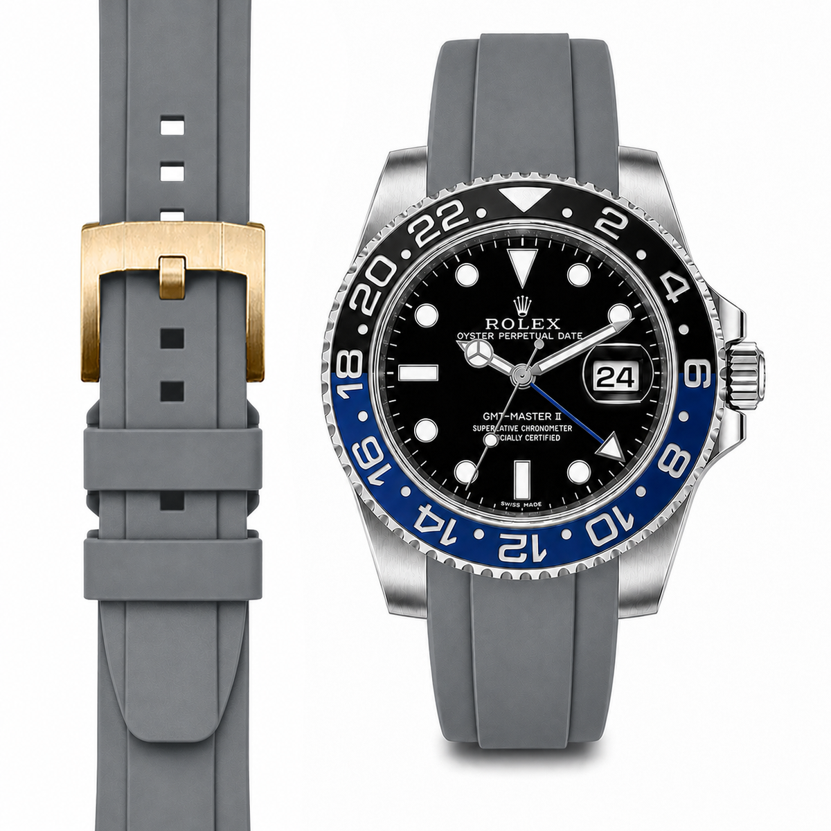 Curved End Rubber Strap for Rolex GMT Master II Ceramic with Tang Buckle