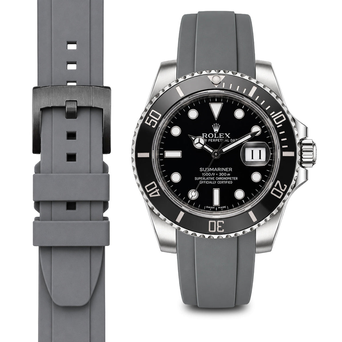 Curved End Rubber Strap for Rolex Submariner Ceramic with Tang Buckle