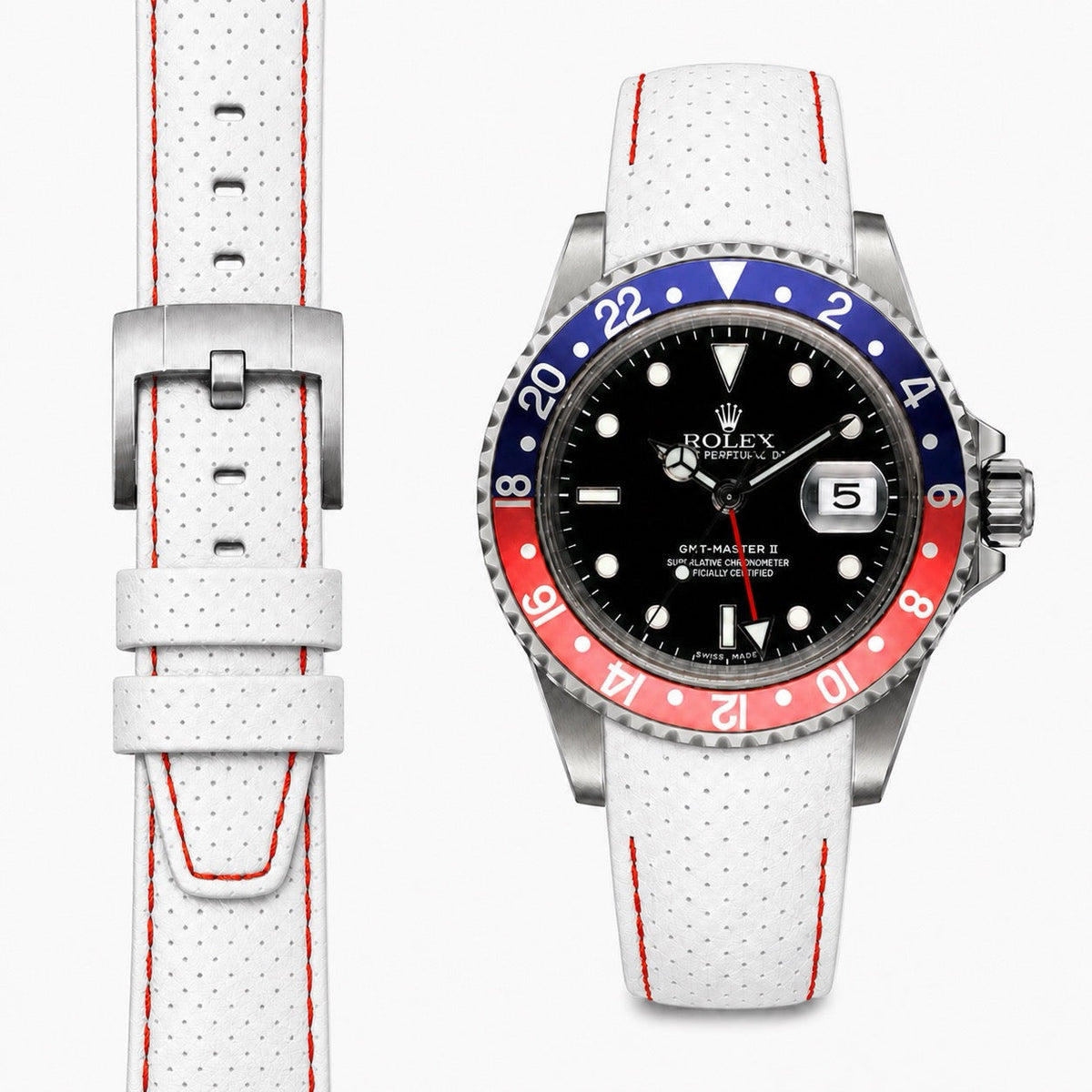 Curved End Racing Leather Strap for Rolex GMT Master I & II with Tang Buckle