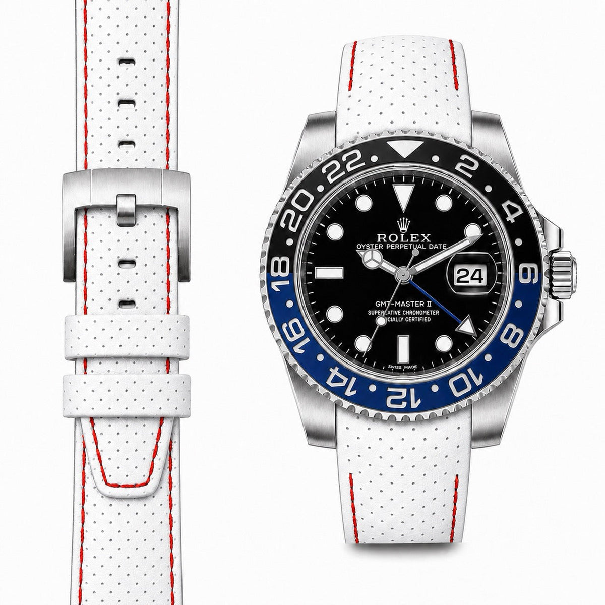 Curved End Racing Leather Strap for Rolex GMT Master II Ceramic with Tang Buckle